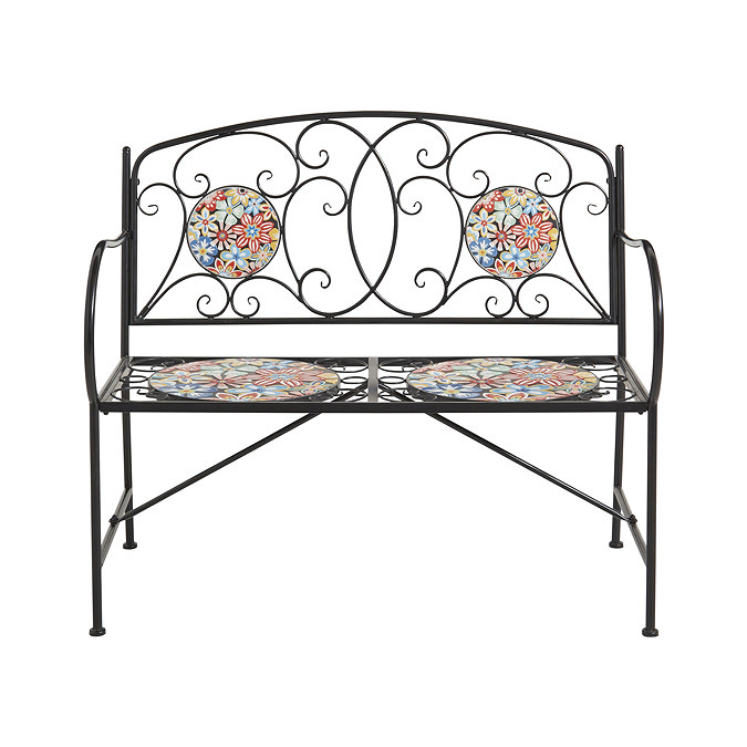 image cut out on white background of wrought iron 2 seat bench with mosaic circles for seating