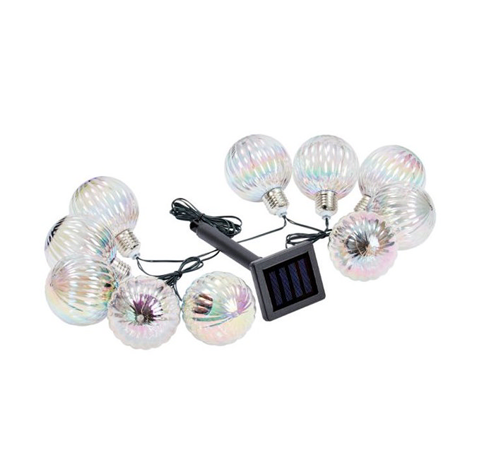 image cut out on white background of iridescent round string lights with solar stake