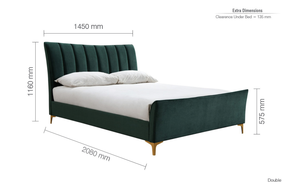 image of green velvet double bed with black arrow line dimensions to show size