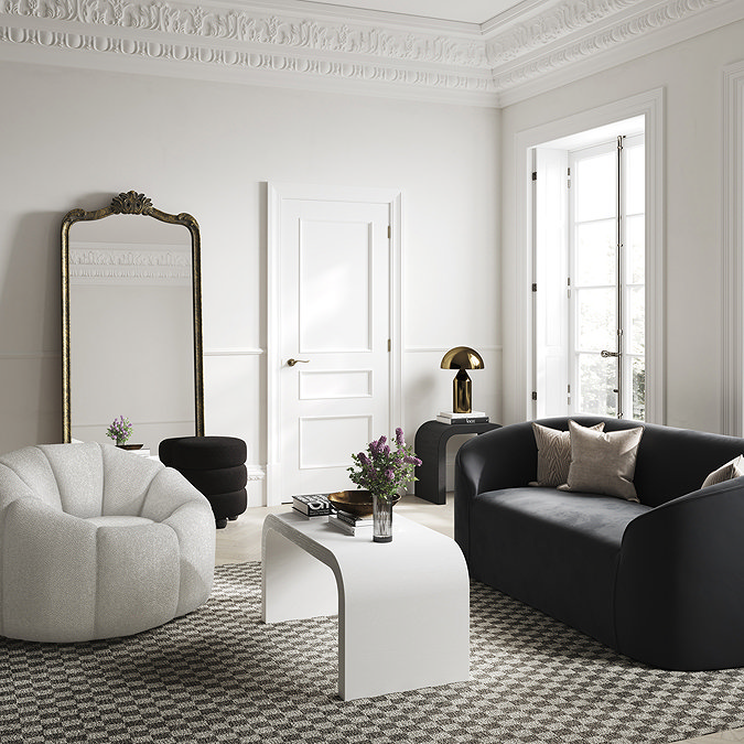 wide image of ivory boucle swivel chair in living room