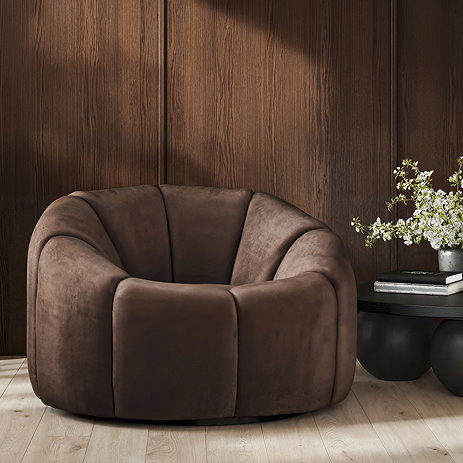 image of treacle brown velvet chenille swivel accent chair