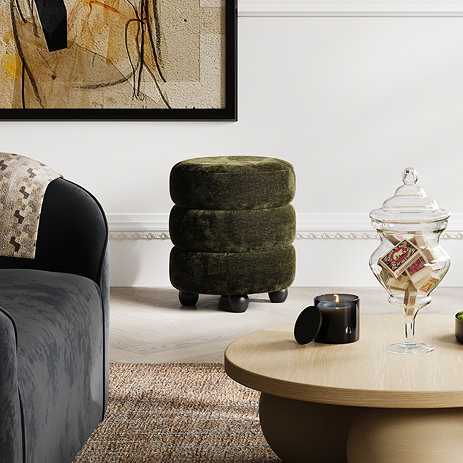 image of olive green velvet chenille sculpted pouffe in living room