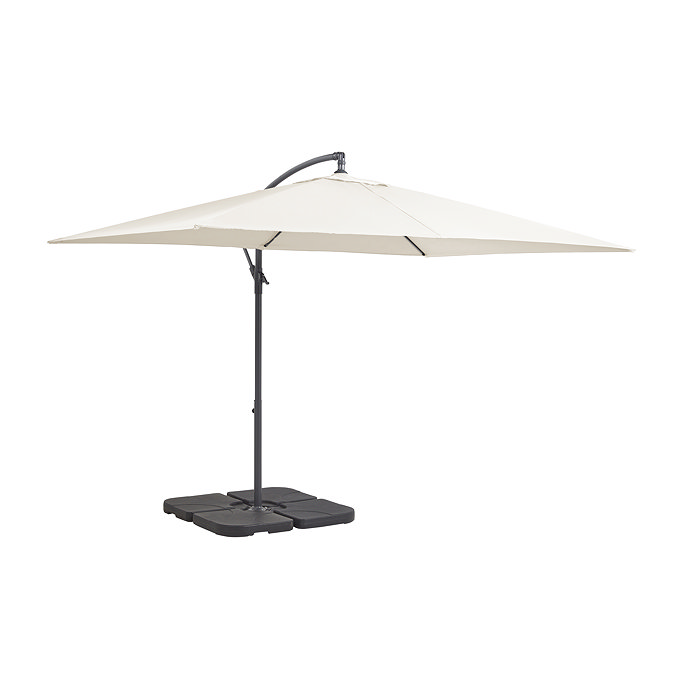 image cut out on white background of beige rectangular parasol with charcoal pole, open
