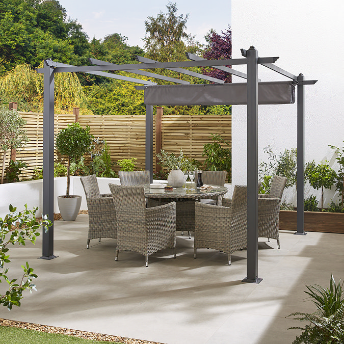 image of square roof gazebo over outdoor dining set with canopy retracted