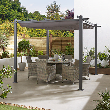 image of square gazebo with grey canopy over a rattan dining set on sunny patio