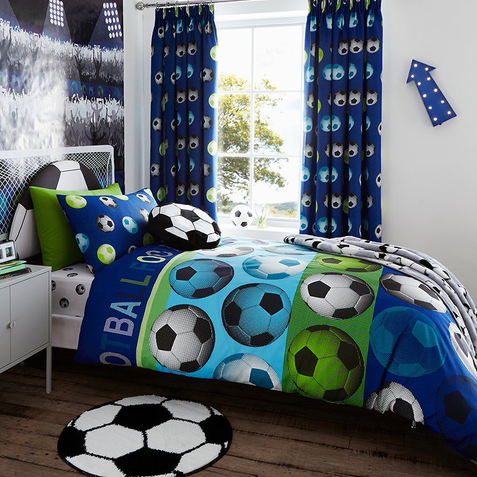 Football pencil pleat curtains in blue  on window image 2