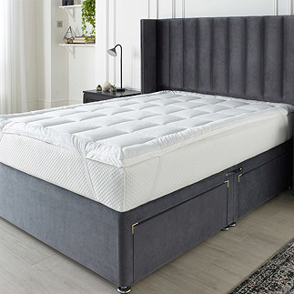 wide image of plush mattress topper on top of mattress