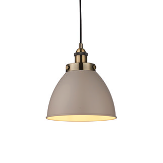 image cut out on white background of small taupe pendant light with brass plating and black hanging cable