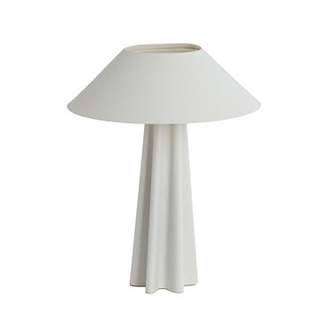 image cut out on white background of matt white sculpted lamp, with bulb on emitting soft orange glow