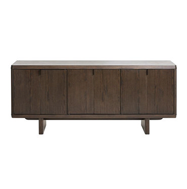 side on image cut out on white background of three drawer sideboard in dark oak