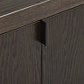 close up image of dark oak tv unit with folding doors, highlighting subtle metal handle pull