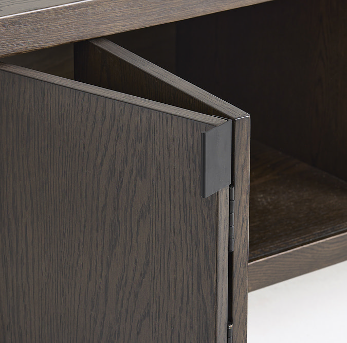 close up image of folding door of dark oak media unit