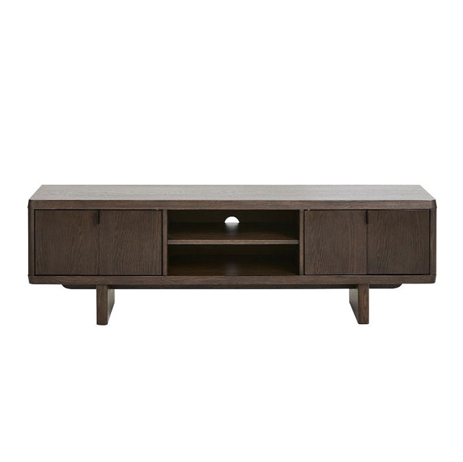 image cut out on white background of espresso oak tv unit with folding doors on either side of middle two shelves