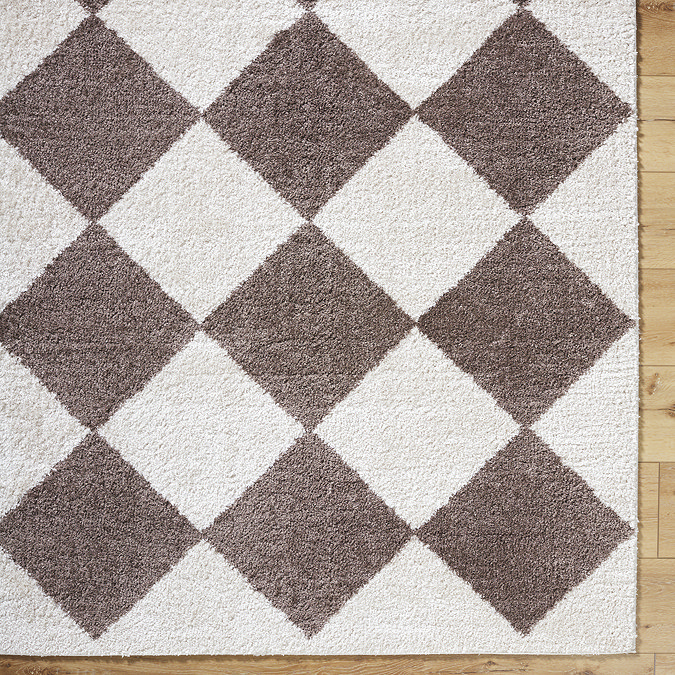 close up image of corner of diamond rug in brown and cream shades