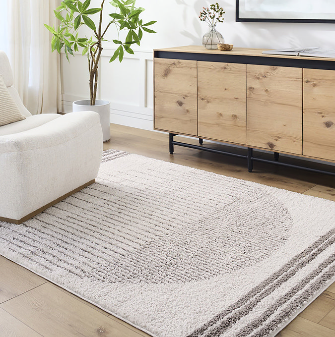 image of cream rug with modern brown central circle design, on light wood living room floor