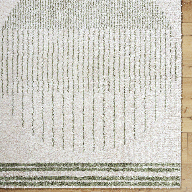 close up image of green and cream abstract rug