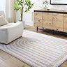 image of beige and cream line arch rug on light wood floor of living room