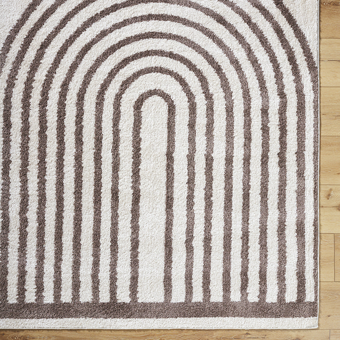 close up image of brown and cream line arch soft rug