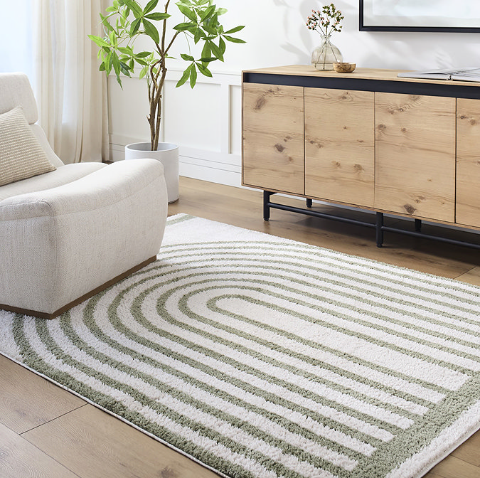 image of green and cream line arch soft rug on light wood flooring of living room