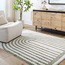 image of green and cream line arch soft rug on light wood flooring of living room