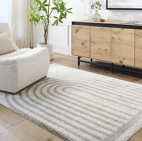image of grey and cream line arch rug on light wood flooring of living room