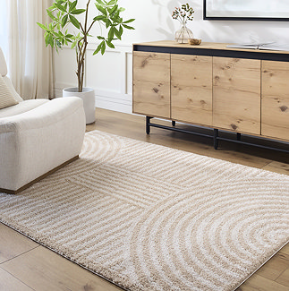 image of beige and cream modern arch pattern rug on light wood flooring of living room