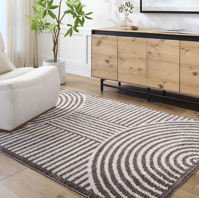 image of brown and white abstract arch patterned rug on light wood flooring