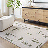 image of cream soft rug with green abstract line patterns on light wood flooring of a living room