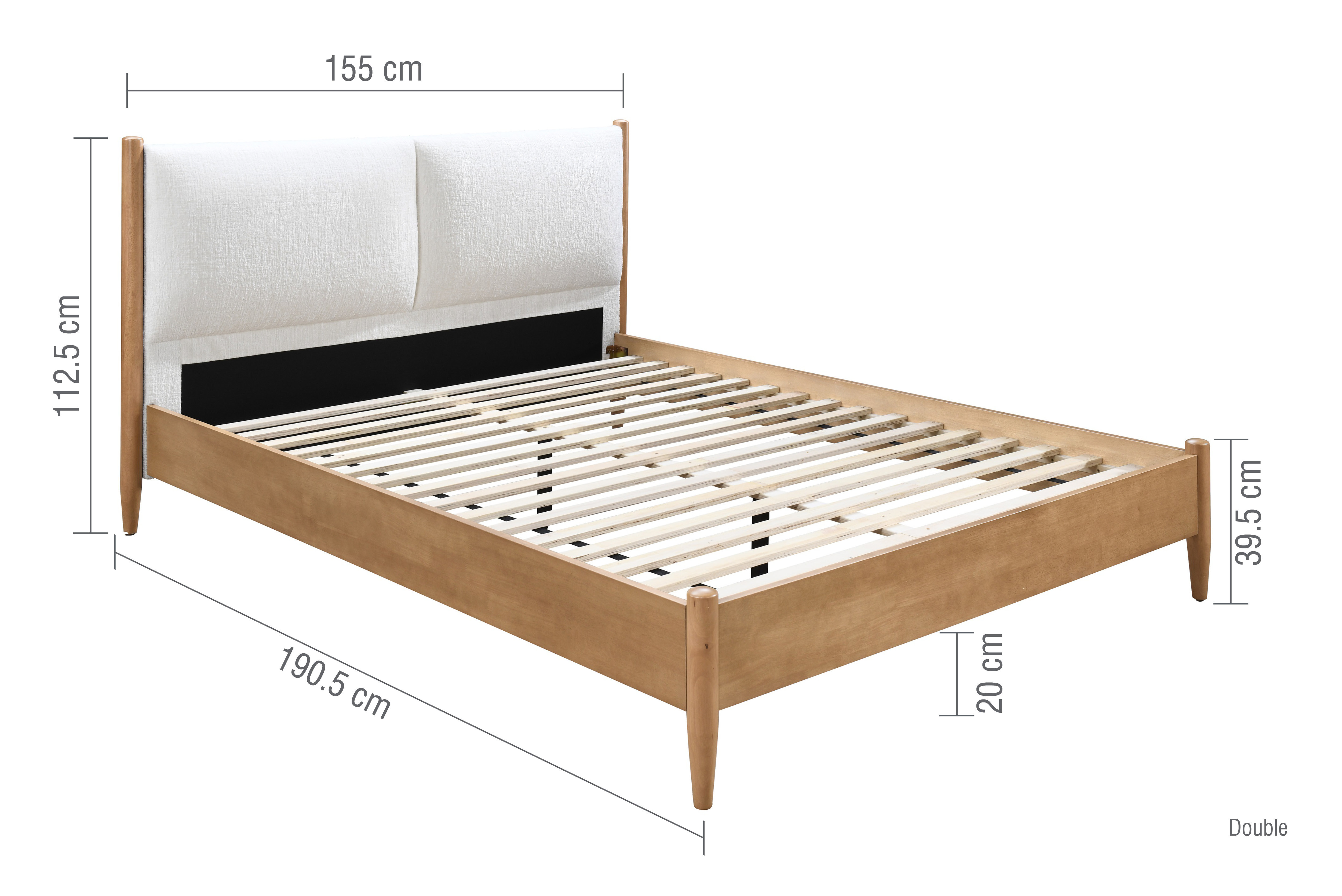 image cut out on white background of oak-effect bedframe with cream linen headboard, with black arrow line dimensions to show its size
