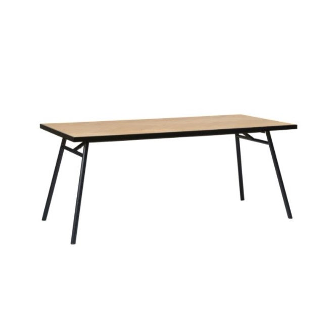 side on image cut out on white background of herringbone light oak rectangular dining table with sleek black legs