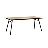 side on image cut out on white background of herringbone light oak rectangular dining table with sleek black legs