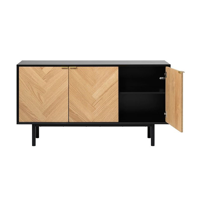 image cut out on white background of herringbone sideboard with right hand door open to show shelving within
