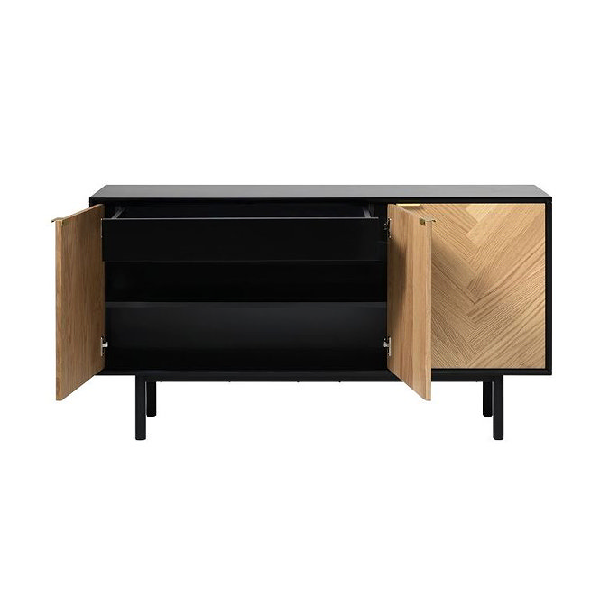 image cut out on white background of light oak herringbone sideboard with left two doors open