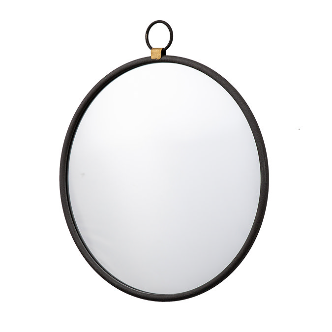 image cut out on white background of round black mirror with round hook