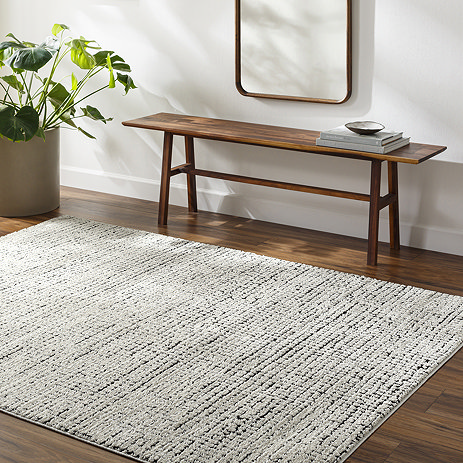 image of ivory and black distressed design rug on dark wood flooring next to walnut bench and potted plant