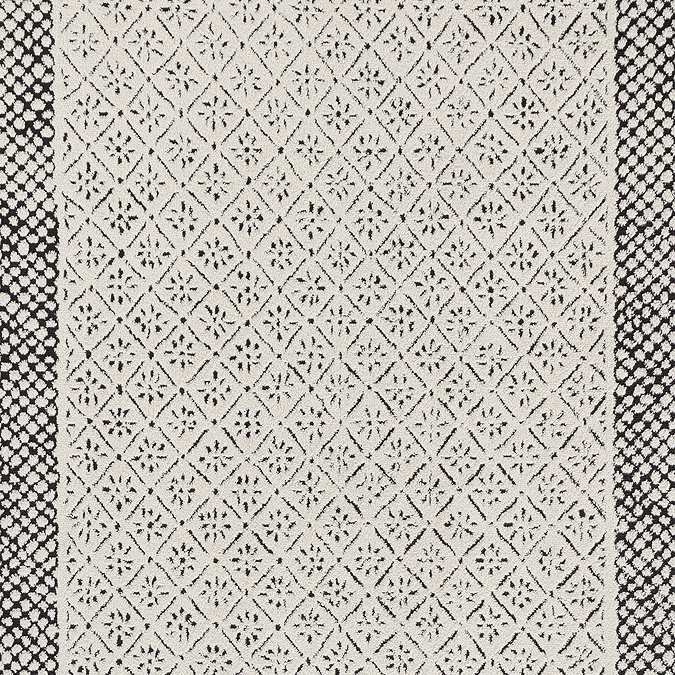 close up image of black and ivory diamond patterned rug