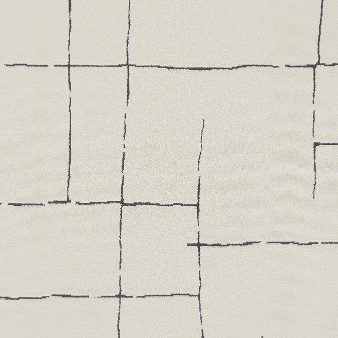 close up swatch image of soft ivory rug with black line design