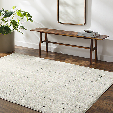 image of soft ivory rug with black scandi line design on dark wood flooring next to walnut bench and potted plant
