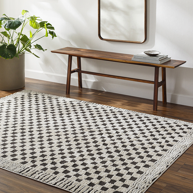 image of black and white checkered rug with subtle line border, on dark wood flooring next to walnut bench and potted plant
