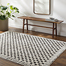 image of black and white checkered rug with subtle line border, on dark wood flooring next to walnut bench and potted plant