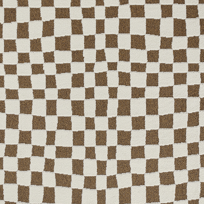 close up swatch image of brown and ivory soft high pile checkered rug
