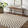 image of brown and ivory checkered rug on dark wood flooring next to walnut bench and potted plant