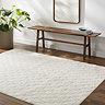 image of soft ivory checkered rug on dark flooring next to walnut bench and potted plant