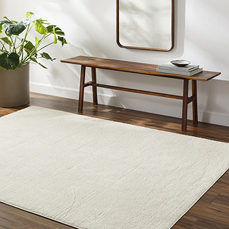 image of ivory rug with subtle geometric pattern, on dark wood flooring