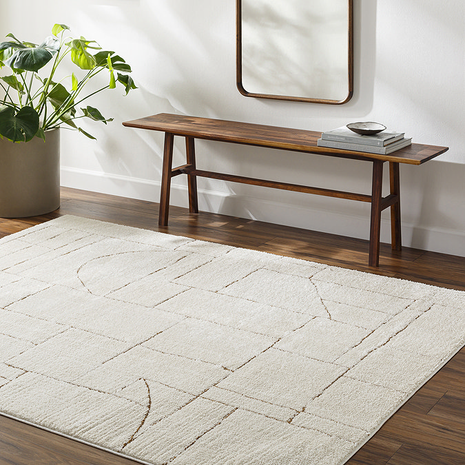 image of rectangular ivory rug with geometric brown patterns, on dark wood flooring