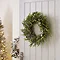 frosted pine and eucalyptus wreath hung on the back of a white living room door