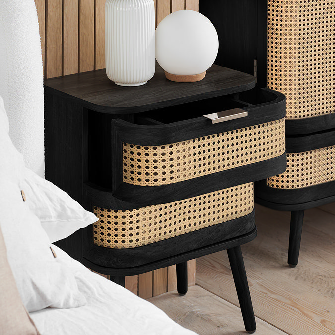 image of 2 drawer rattan and black bedside table with top drawer pulled out