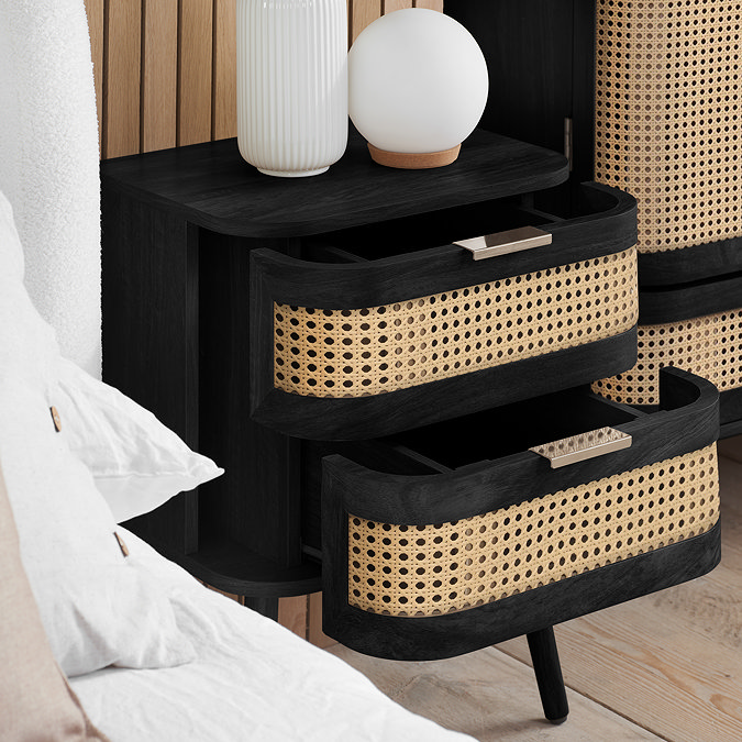 image of black and rattan 2 drawer bedside table with both drawers pulled out