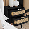 image of black and rattan 2 drawer bedside table with both drawers pulled out
