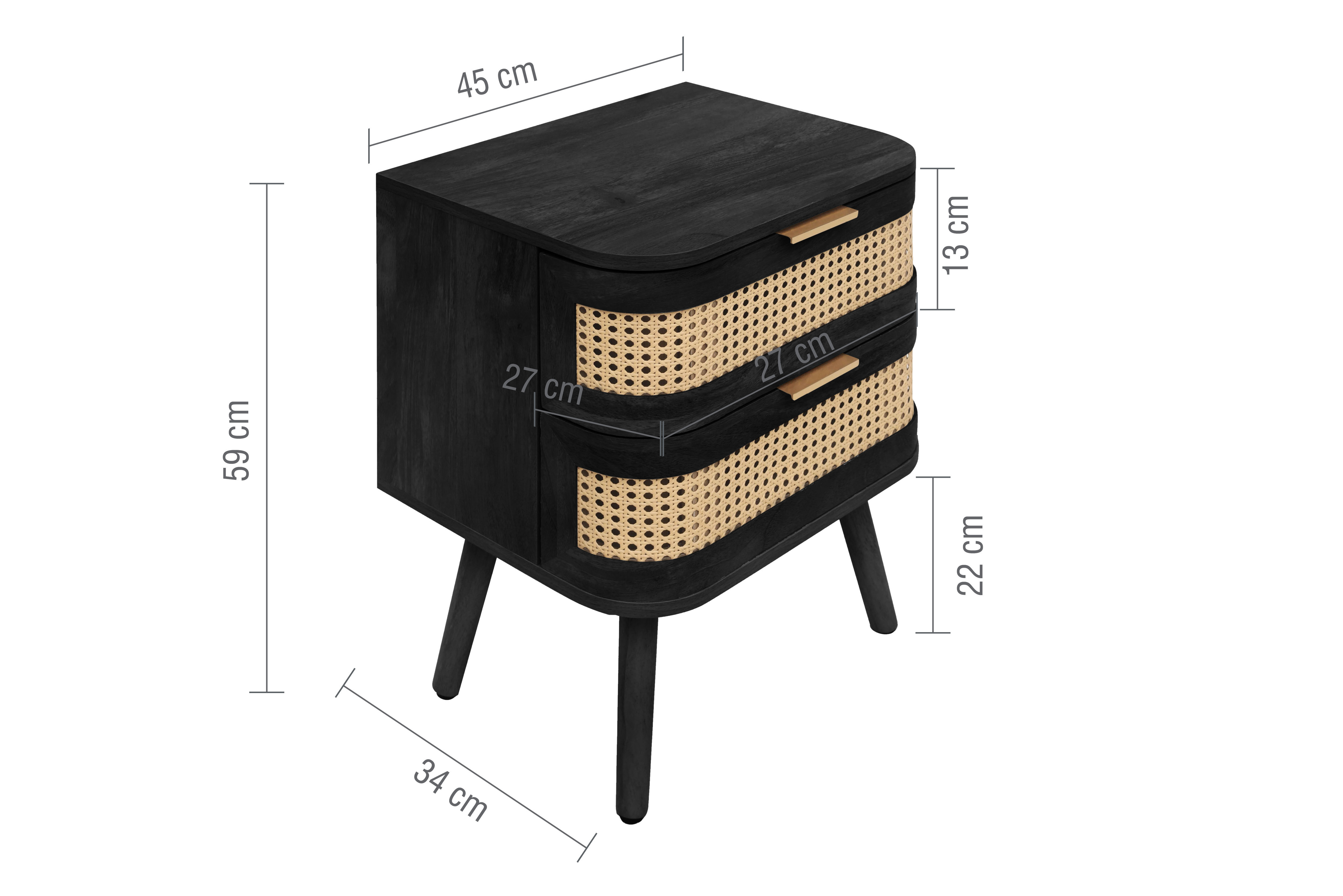 image cut out on white background of line dimensions black and rattan bedside table
